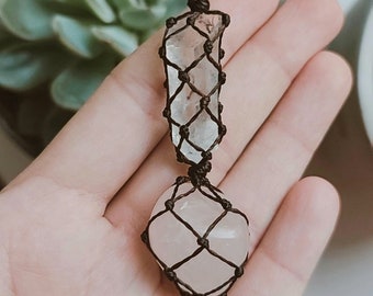 Handmade Macrame Quartz Crystal Necklace: Rose Quartz Boho Pendant