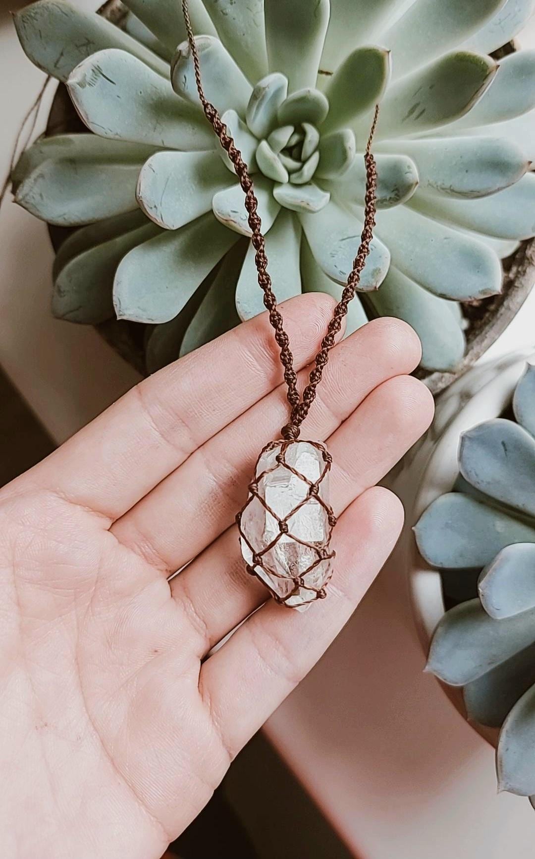 Macrame Necklace With Clear Quartz Crystal, Handmade Macrame