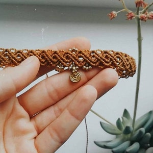 Macrame Choker with brass charms pendants, Boho jewelry, Handmade Jewelry