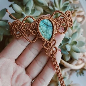 Macrame Slave Bracelet ring, Bracelet Ring with Natural Labradorite Gemstone, Handmade macrame jewelry