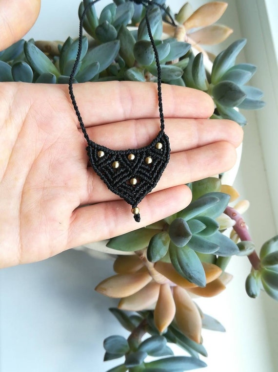 Buy Handmade Macrame Necklace With Brass Beads: Adjustable Boho