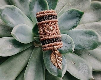 Handmade Macrame Dreadlock Bead with Brass Leaf Charm