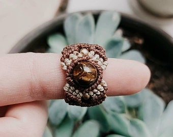 Macrame Ring with Stone, Macrame Jewelry, Stone Ring, Amethyst Ring, Tigers Eye Ring, Rose Quartz Ring, Chrysocolla Ring, Lapis Lazuli Ring