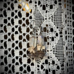 May include: A pair of earrings with a silver tone wire and a clear iridescent glass bead, a bone charm, and a dark brown glass bead.