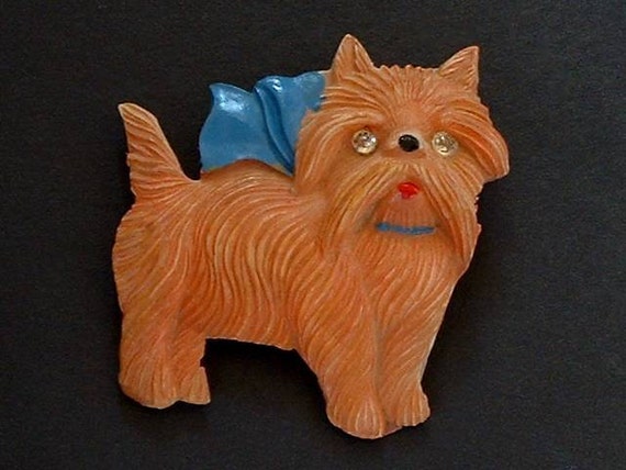 Sale Vintage CELLULOID Scottie Dog Cat BROOCH Rhi… - image 2