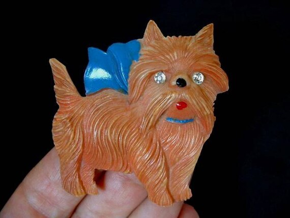 Sale Vintage CELLULOID Scottie Dog Cat BROOCH Rhi… - image 4