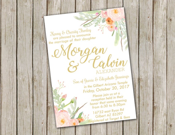 Floral Wedding Invitation Watercolor Flowers Pink And Gold Etsy
