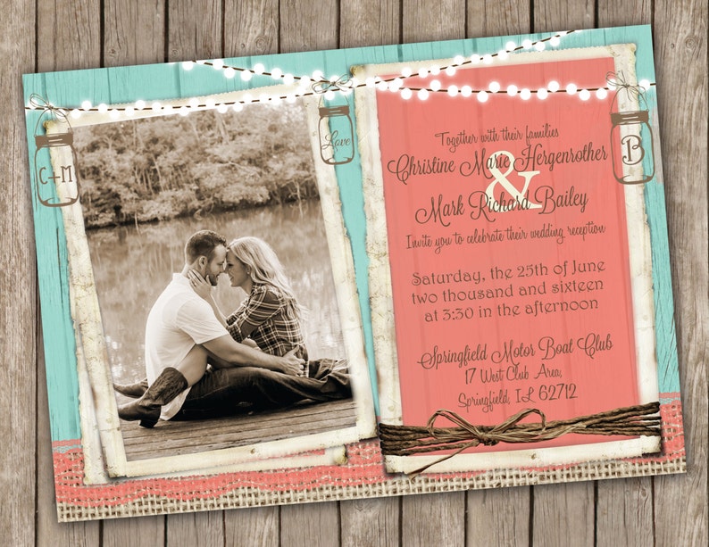 Coral And Turquoise Wedding Invitation Country Wedding Mason Etsy
