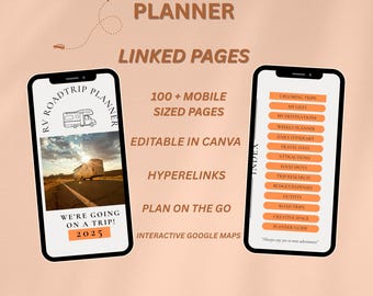 Könnte beinhalten: Zwei Smartphones zeigen einen mobilen Roadtrip-Planer. Der Planer verfügt über verknüpfte Seiten, über 100 Seiten in mobiler Größe und ist in Canva bearbeitbar. Der Text auf den Bildschirmen lautet "We're going on a trip! 2025" und "Upcoming Trips".