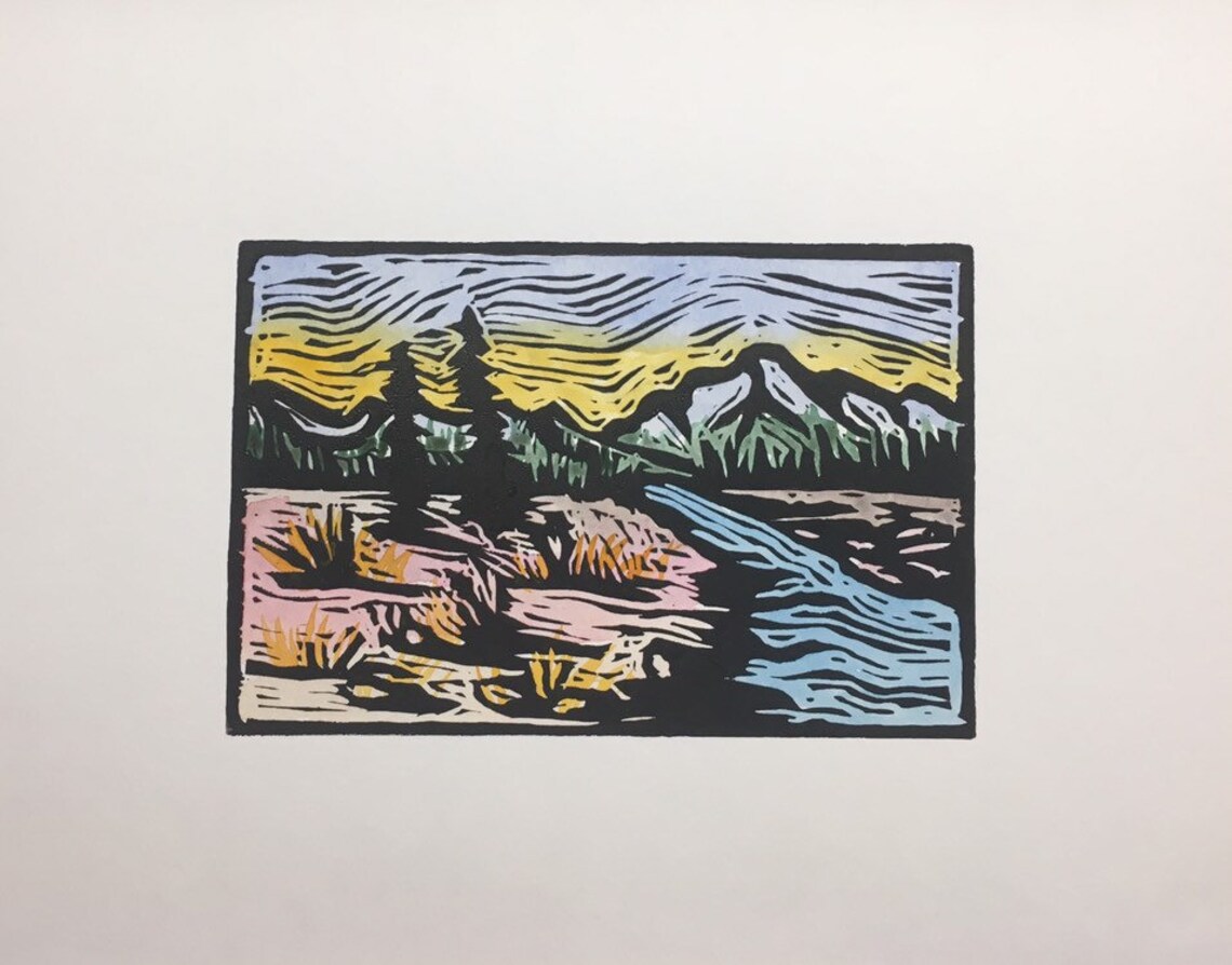 Original linoleum cut print landscape and watercolor 8x10 Etsy
