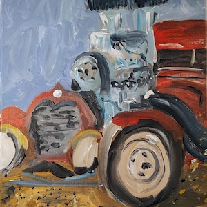 May include: An abstract painting of a vintage red hot rod car. The artwork features a detailed engine, a large front tire, and a red body. The background is a light blue sky, and the ground is a mix of brown and yellow.