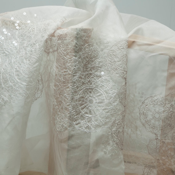 Transparent/Sheer white embroidery silk organza fabric with sequins, sculptural, sewing skirt, for wedding, shirt, dress, skirt, sewing craft by the yard 4029ed Transparent/Sheer white embroidery silk organza fabric with sequins, sculptural, sewing skirt, for wedding, shirt, dress, skirt, sewing craft by the yard 4029ed