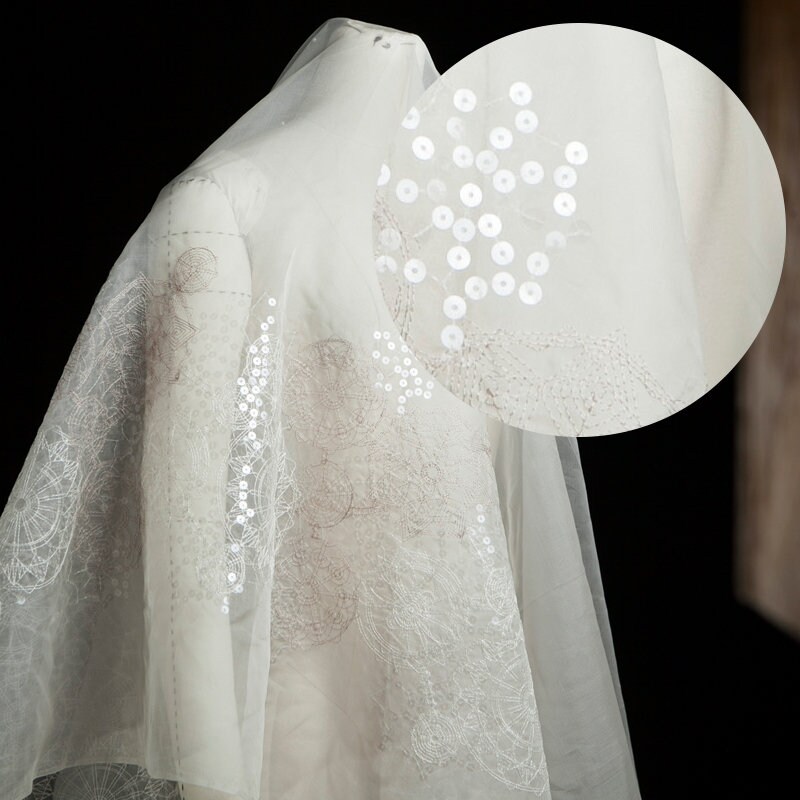 Transparent/Sheer white embroidery silk organza fabric with sequins, sculptural, sewing for wedding, shirt, dress, skirt, craft by the yard Transparent/Sheer white embroidery silk organza fabric with sequins, sculptural, sewing skirt, for wedding, shirt, dress, skirt, sewing craft by the yard 4029ed