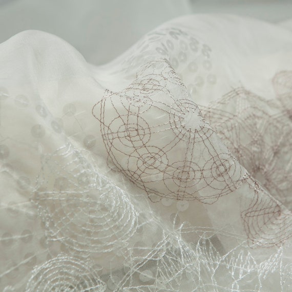 Transparent/Sheer white embroidery silk organza fabric with sequins, sculptural, sewing skirt, for wedding, shirt, dress, skirt, sewing craft by the yard 4029ed Transparent/Sheer white embroidery silk organza fabric with sequins, sculptural, sewing skirt, for wedding, shirt, dress, skirt, sewing craft by the yard 4029ed