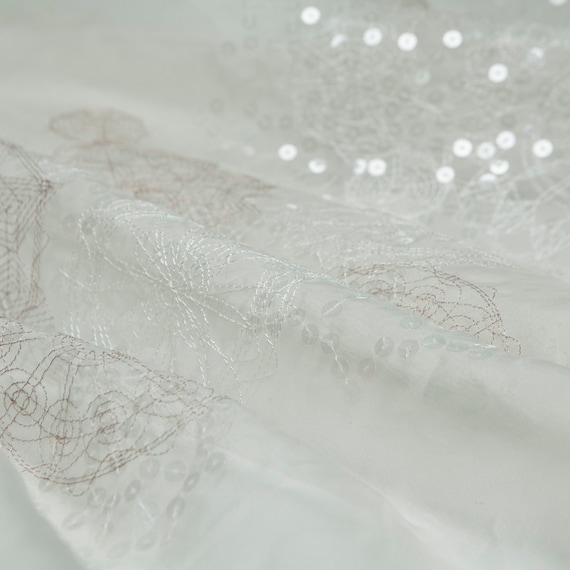 Transparent/Sheer white embroidery silk organza fabric with sequins, sculptural, sewing skirt, for wedding, shirt, dress, skirt, sewing craft by the yard 4029ed Transparent/Sheer white embroidery silk organza fabric with sequins, sculptural, sewing skirt, for wedding, shirt, dress, skirt, sewing craft by the yard 4029ed