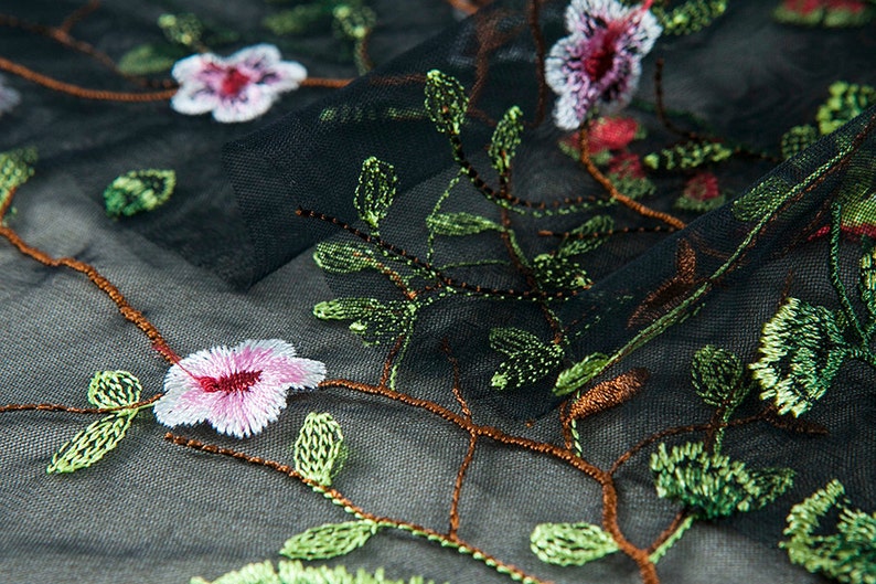 Heavy embroidery mesh fabric black gray sheer chic floral Etsy