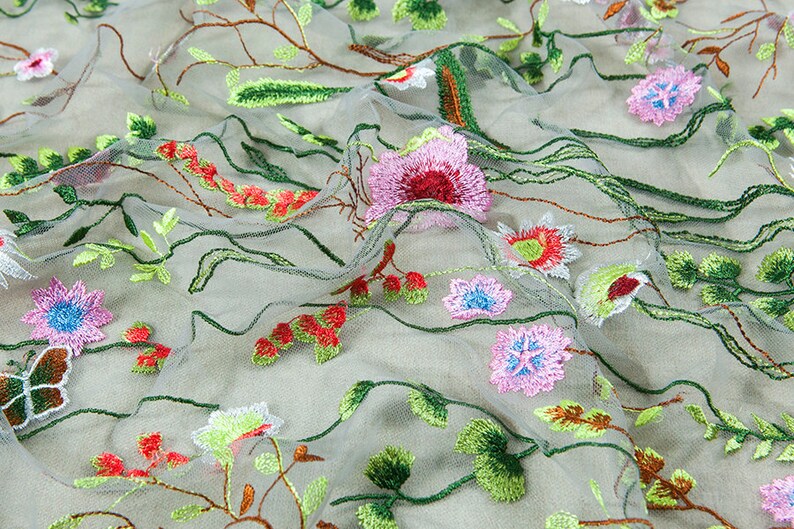 Heavy embroidery mesh fabric black gray sheer chic floral Etsy