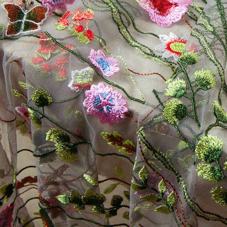 Heavy embroidery mesh fabric black gray sheer chic floral Etsy