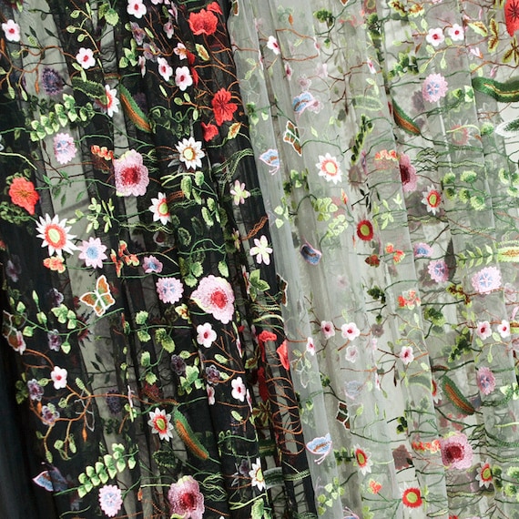 Heavy embroidery mesh fabric black gray sheer chic floral Etsy