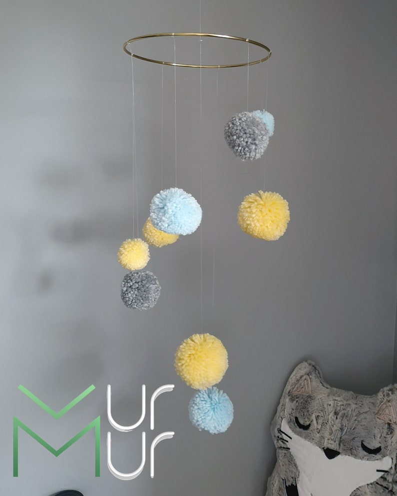 Mobile Pompoms Gray Yellow Blue Decoration Bedroom Kids Boy Interior Design Decors Minimalist Nordic Scandinavian Wool Baby Nursery Crib Bed