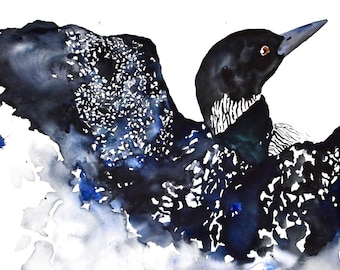 May include: Watercolor painting of a loon with black and white feathers, set against a white background with blue watercolor splatters. The loon's head is turned to the right, and its eye is visible. The painting is signed "Michelle Detering Art" in the bottom left corner.