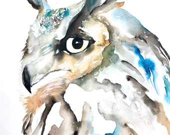 Great Horned Owl - Abstract Owl Art, Owl Watercolor, Owl Painting, Owl Art Print, Owl Decor, Neutral Owl Art, Expressive Owl Art, Nature Art