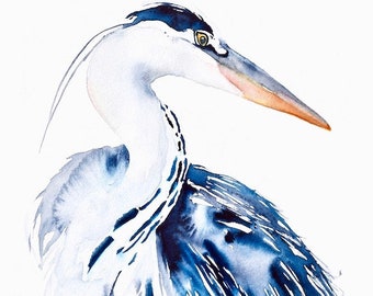 Grote blauwe reiger - aquarelprint, aquarel, vogelkunst, vogelaquarel, reigerkunst, blauwe reigerdecor, stranddecor, vogelaquarel, vogels