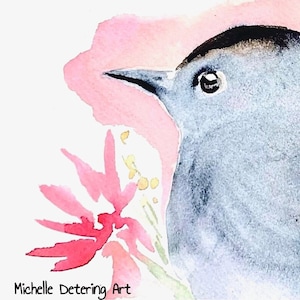 Grey Catbird - Watercolor Bird Print, Bird Art, Catbird Art, Bird Watercolor, Bird Decor, Bird with Flowers, Floral Bird, Bird Illustration