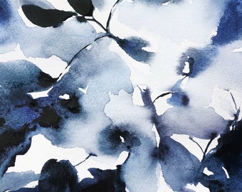 Fleurs indigo - Imprimé aquarelle, Imprimé floral bleu, Fleurs bleues, Fleurs indigo, Floral indigo, Aquarelle indigo, Aquarelle florale, Art