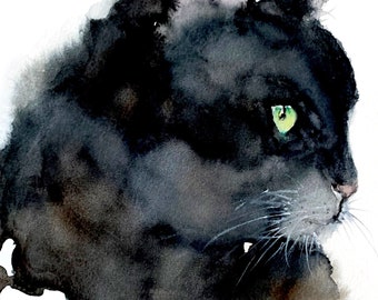 Étude de chat noir - impression aquarelle, chat aquarelle, art chat noir, aquarelle animal, art chat moderne, aquarelle moderne, portrait de chat, art