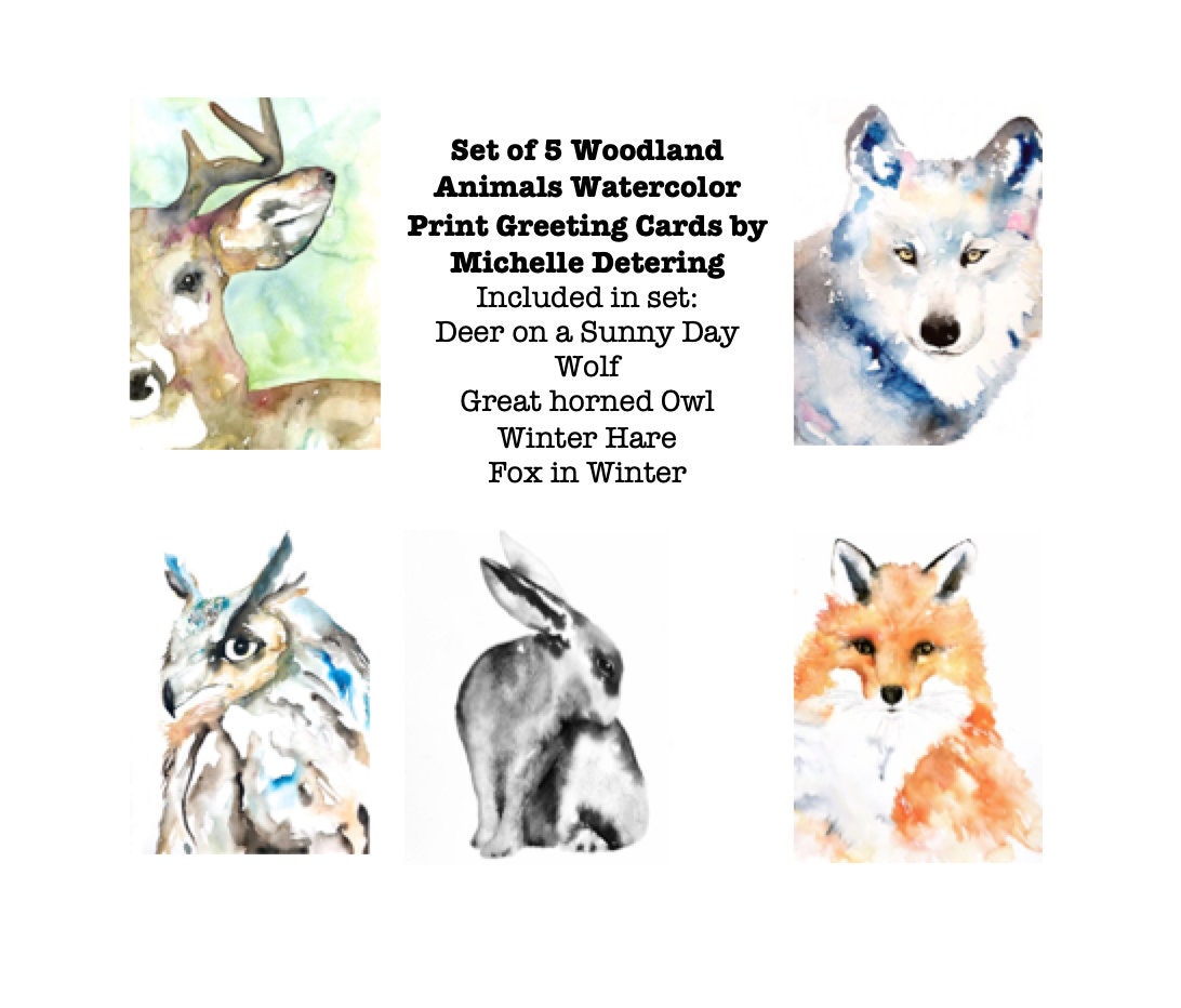 Set of 5 Woodland Animal Watercolor Blank Greeting Cards | Etsy