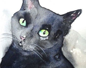 Black Cat - Watercolor Print, Watercolor illustration, Watercolour, Cat Watercolor, Black Cat Art, Black Cat Painting, Animal Illustration