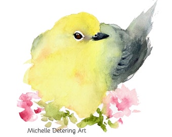 Warbler Study - Watercolor Giclee, Yellow Bird Watercolor, Warbler Art, Yellow Bird Art, Bird Watercolor, Bird Decor, Botanical Watercolor