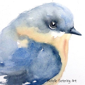 May include: Watercolor painting of a blue bird with a yellow breast. The bird's eye is visible and the painting has a soft, dreamy feel.