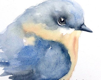 May include: Watercolor painting of a blue bird with a yellow breast. The bird's eye is visible and the painting has a soft, dreamy feel.