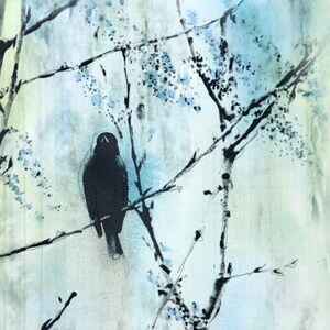 Blackbird in the Cottonwood Tree - Watercolor Mixed Media Art, Blackbird Art, Crow Art, Bird Decor, Bird Painting, Dreamy Bird Art, Bird Art