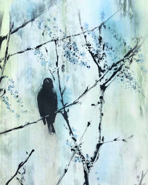 Blackbird in the Cottonwood Tree - Watercolor Mixed Media Art, Blackbird Art, Crow Art, Bird Decor, Bird Painting, Dreamy Bird Art, Bird Art