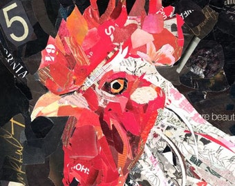 Rooster Collage - Rooster Art Print, Rooster Art, Chicken Art, Chicken Collage, Whimsical Rooster Art, Mixed Media Art, Animal Art, Collage