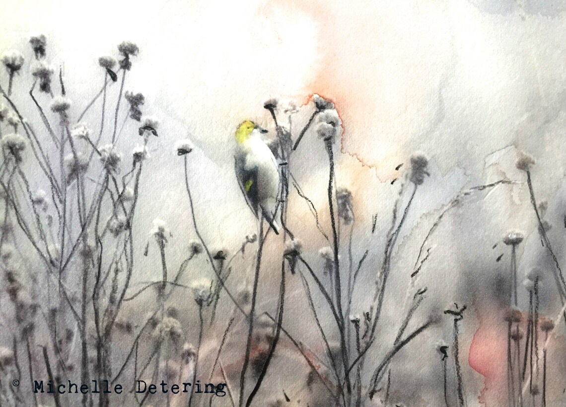 Goldfinch in Winter Mixed Media Watercolor - Goldfinch Art, Nature Art ...
