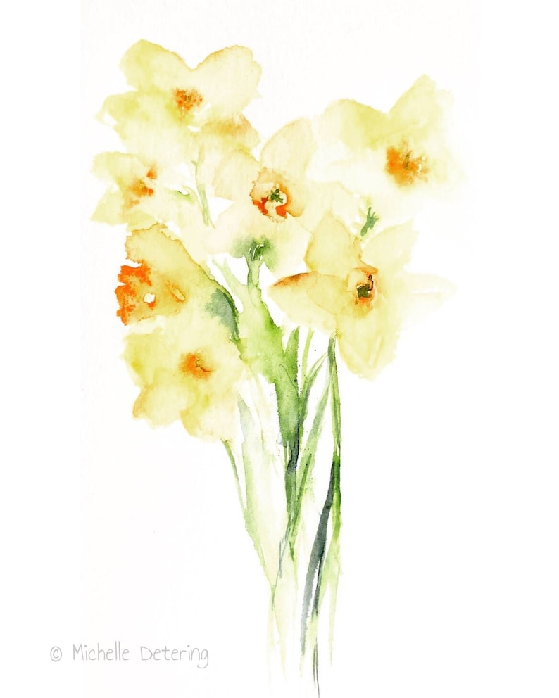 May include: Watercolour painting of a bunch of daffodils. The flowers are mainly yellow with orange centres and green stems. The artist's name, Michelle Detering, is in the bottom left corner.