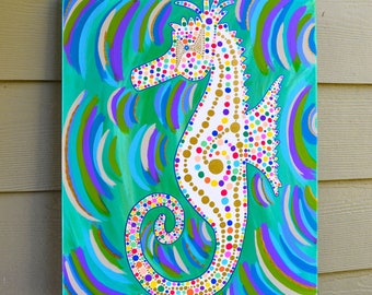 Colorful Seahorse painting | Original ocean art | Contemporary polka dot painting | Bright acrylic on canvas