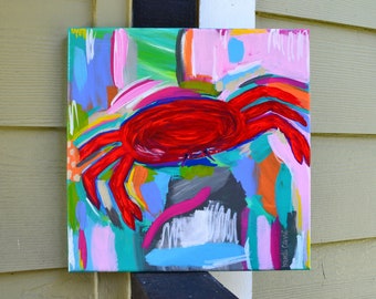 Acrylic Crab Painting on Canvas | Colorful Abstract Painting | Modern Coastal Art | Bright Beach House Decor