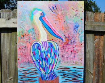 Acrylic Painting, Original Pelican Art, Nautical Wall Decor, Pawleys Island Art, Artwork, Coastal Decor, Beach House Art, Marine Life Decors