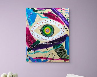 Abstract eye painting, original art on canvas, expressionist wall hanging, colorful acrylic art, contemporary home decor, large wall canvas
