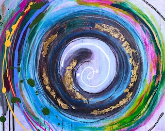 One of a kind painting on canvas. Abstract acrylic painting with gold leaf and swirl