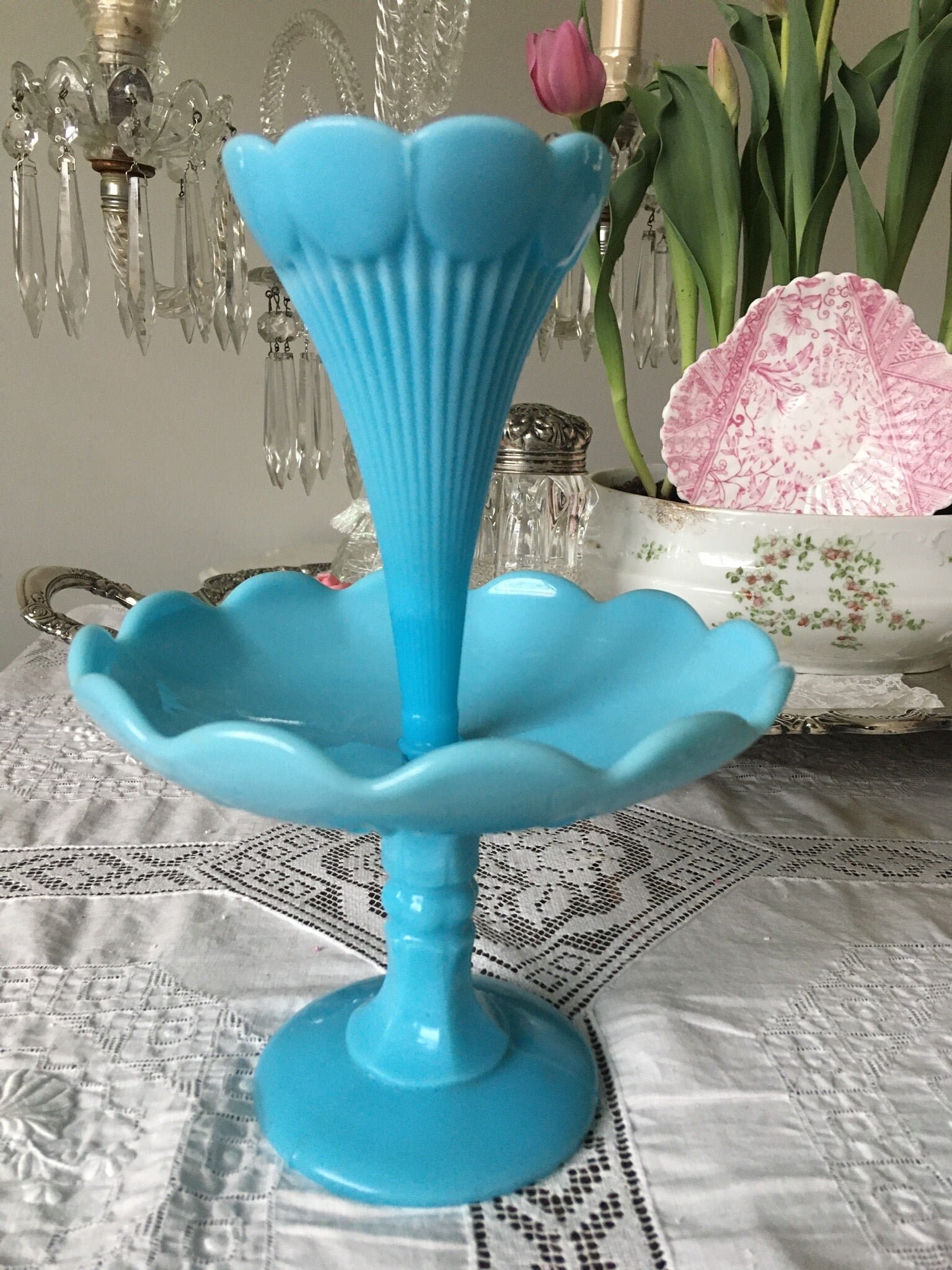 Large Antique French Pink Opaline Glass Epergne Centerpiece, 52 OFF