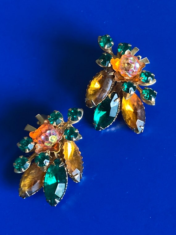 Vintage Beau Jewels Green and Orange Rhinestone Clip Earrings Signed Prong Set