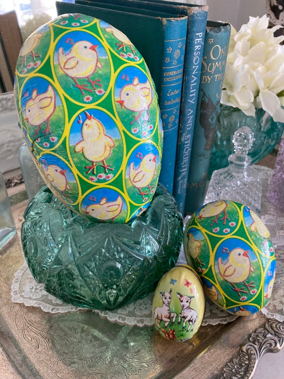 Vintage Set 3 Easter Eggs 2 Paper Mache’ and 1 Metal Chicks and Goats