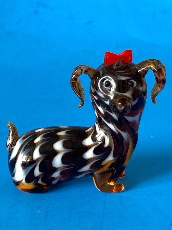 Adorable Fitz and Floyd Glass Menagerie Terrier Dog Figural Amber and White Swirl Glass Hand Blown Mini Figural Dog