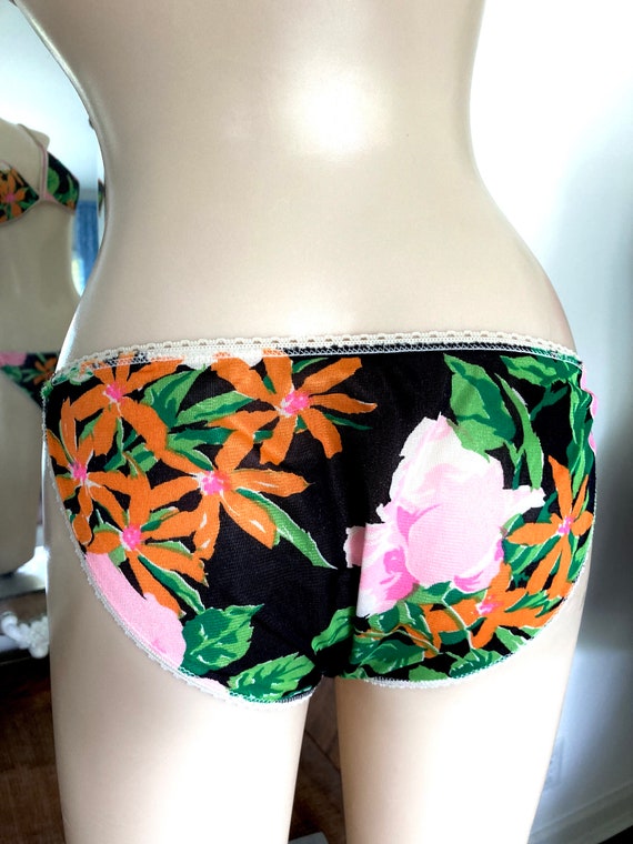 Vintage 1970s Black Floral Nylon String Bikini an… - image 4